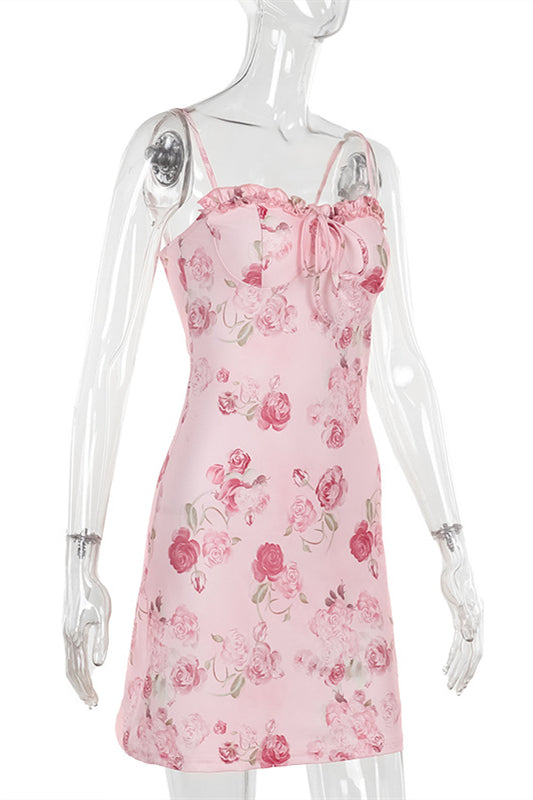 Straps Pink Floral Print Tie Front Short Dress