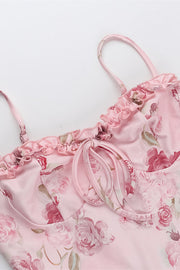 Straps Pink Floral Print Tie Front Short Dress