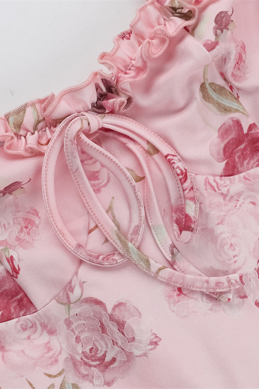 Straps Pink Floral Print Tie Front Short Dress