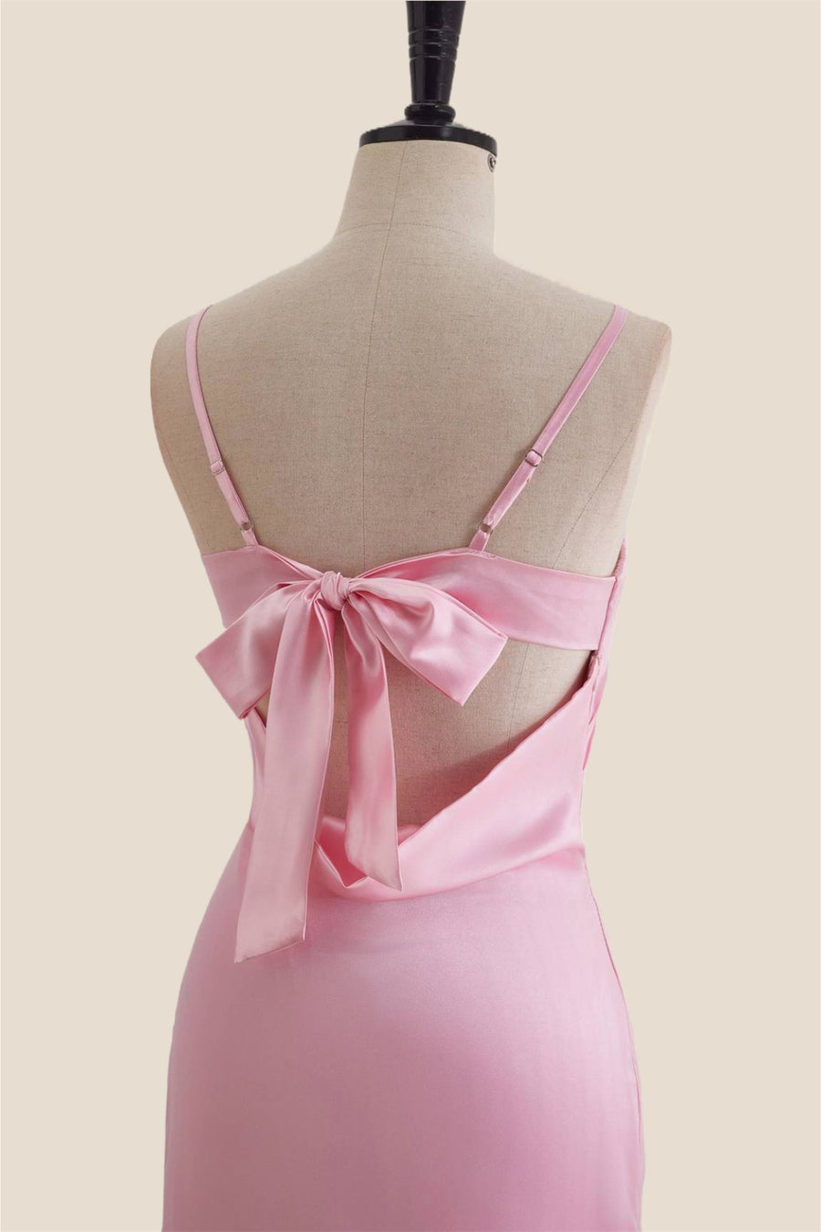 pink satin open back bow detail shift dress Party Girl Pink Satin Maxi Dress - US 4