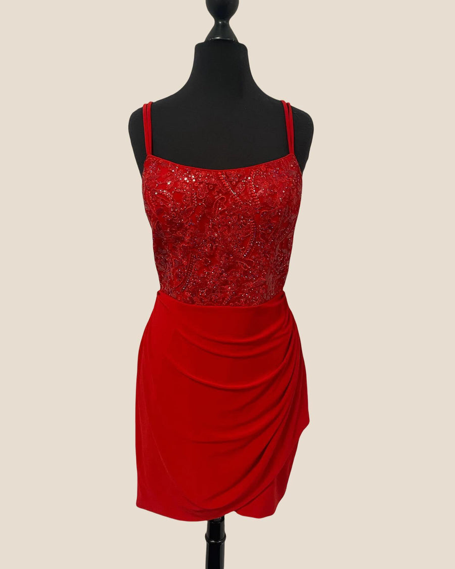 Straps Red Appliques Ruched Bodycon Short Dress