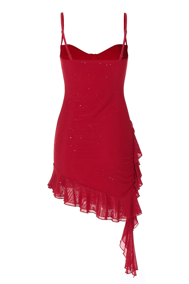 red ruffle hem dress Red Mock Neck Scoop Back Self Tie Ruffle Hem Short Sleeve Dress