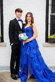 Straps Royal Blue Appliques Ruffles Long Formal Dress