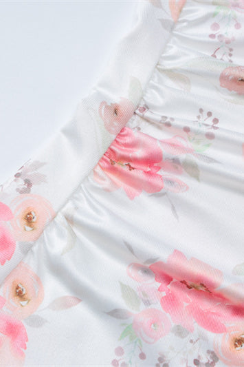 Straps White Floral Print Lace Stitching Short Dress