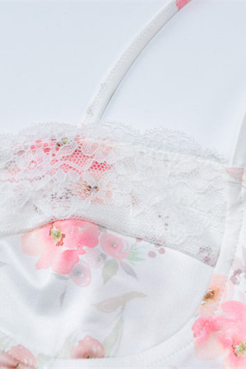 Straps White Floral Print Lace Stitching Short Dress