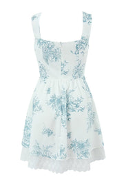 Straps White Floral Print Short Dress with Lace