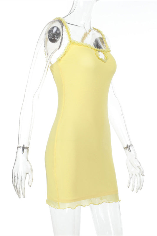 Straps Yellow Bodycon Short Dress with Keyhole