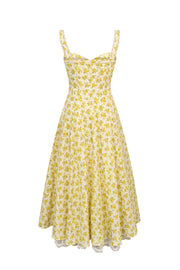 Straps Yellow Floral Print Summer Dress with Lace