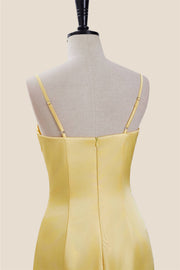 Straps Yellow Ruched Satin Bodycon Short Dress