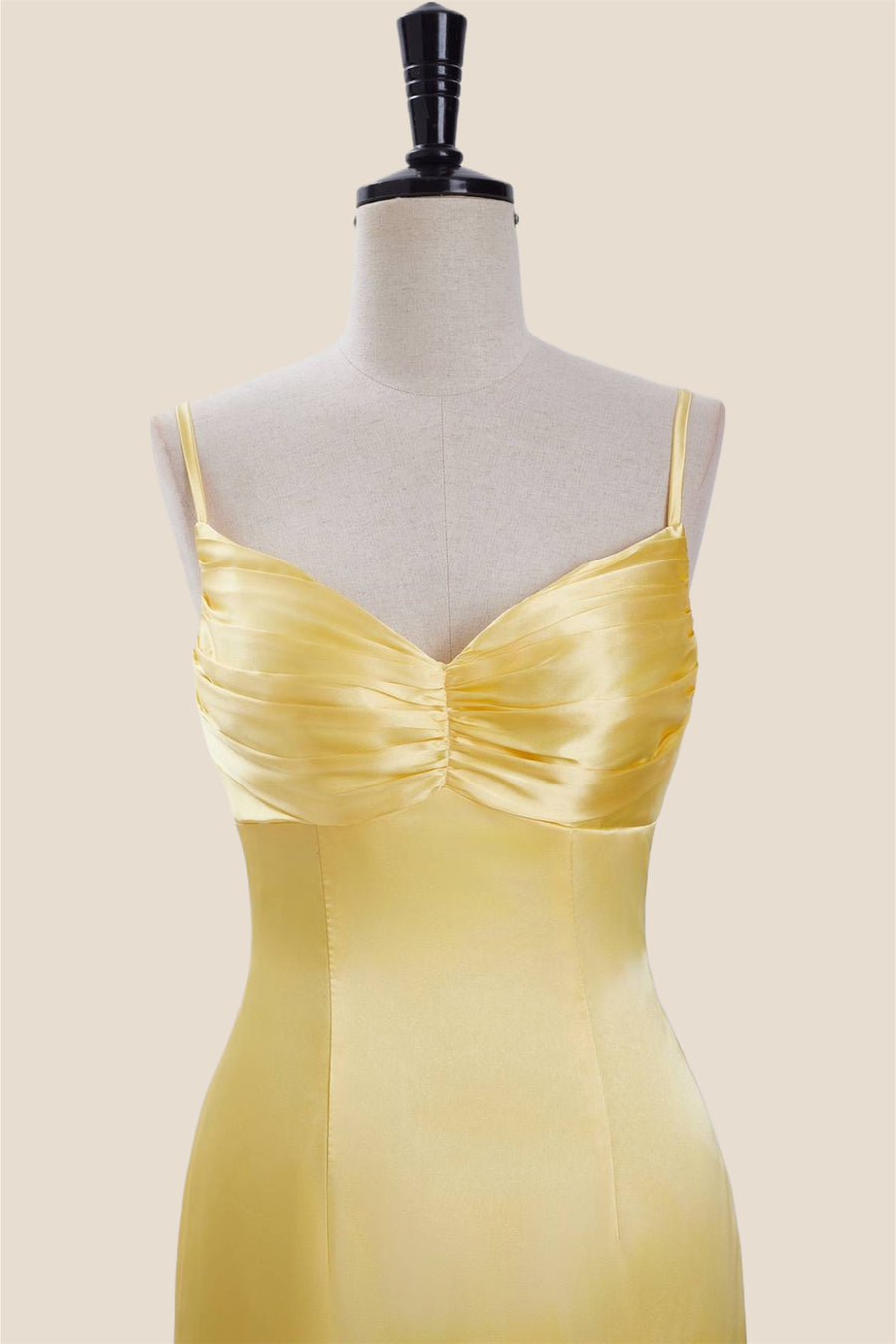 Straps Yellow Ruched Satin Bodycon Short Dress