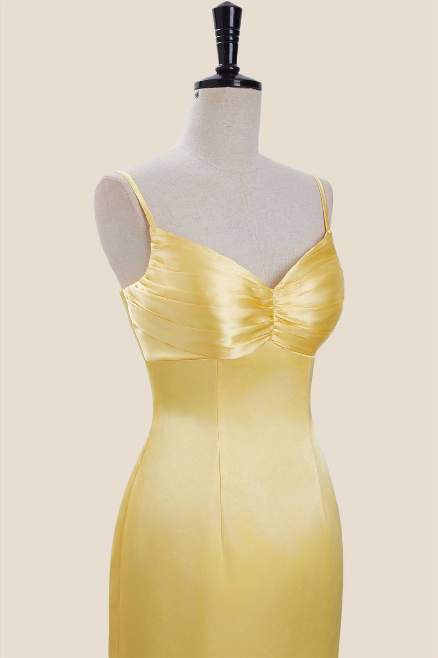 Straps Yellow Ruched Satin Bodycon Short Dress