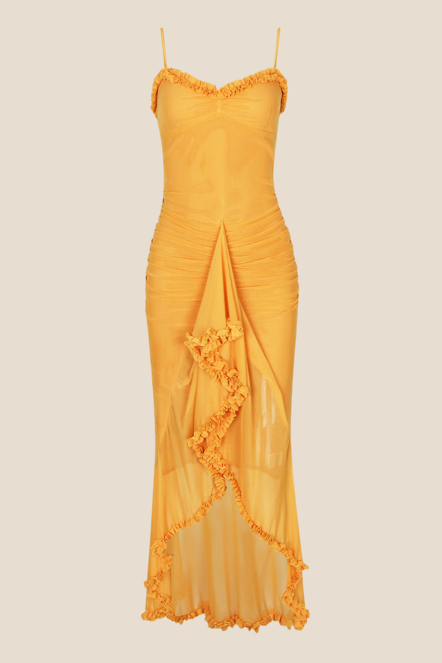 Straps Yellow Ruffled Front Irregular Long Dress