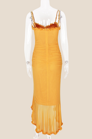 Straps Yellow Ruffled Front Irregular Long Dress