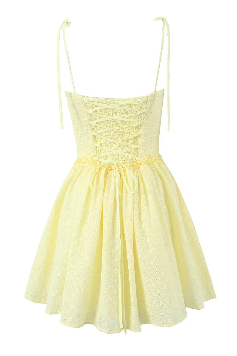 Straps Yellow Tie Front Embroidery Short Dress