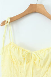 Straps Yellow Tie Front Embroidery Short Dress