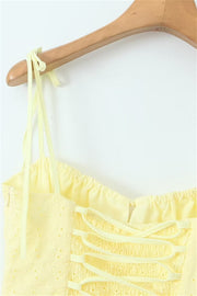 Straps Yellow Tie Front Embroidery Short Dress