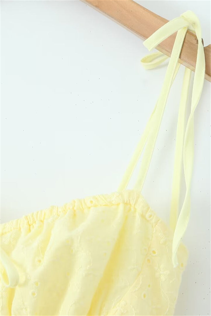 Straps Yellow Tie Front Embroidery Short Dress