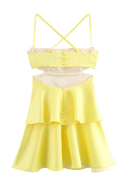 Straps Yellow Tiered Short Dress with Cut-out