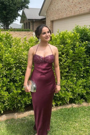 Halter Grape Satin Fitted Long Formal Dress