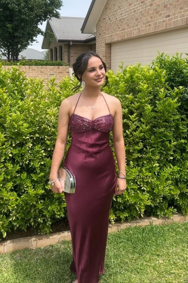 Halter Grape Satin Fitted Long Formal Dress