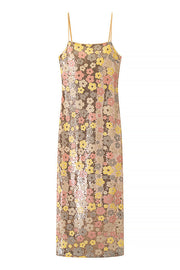 Straps Gold Floral Sequin Long Dress