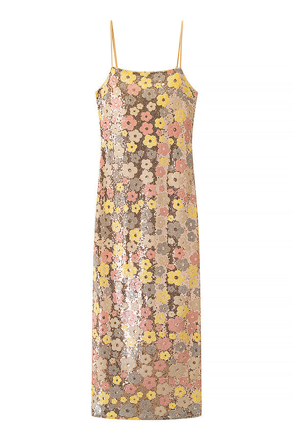 Straps Gold Floral Sequin Long Dress