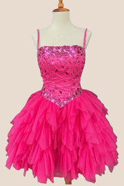 Straps Hot Pink Mirror Glass Ruffled Short Dress