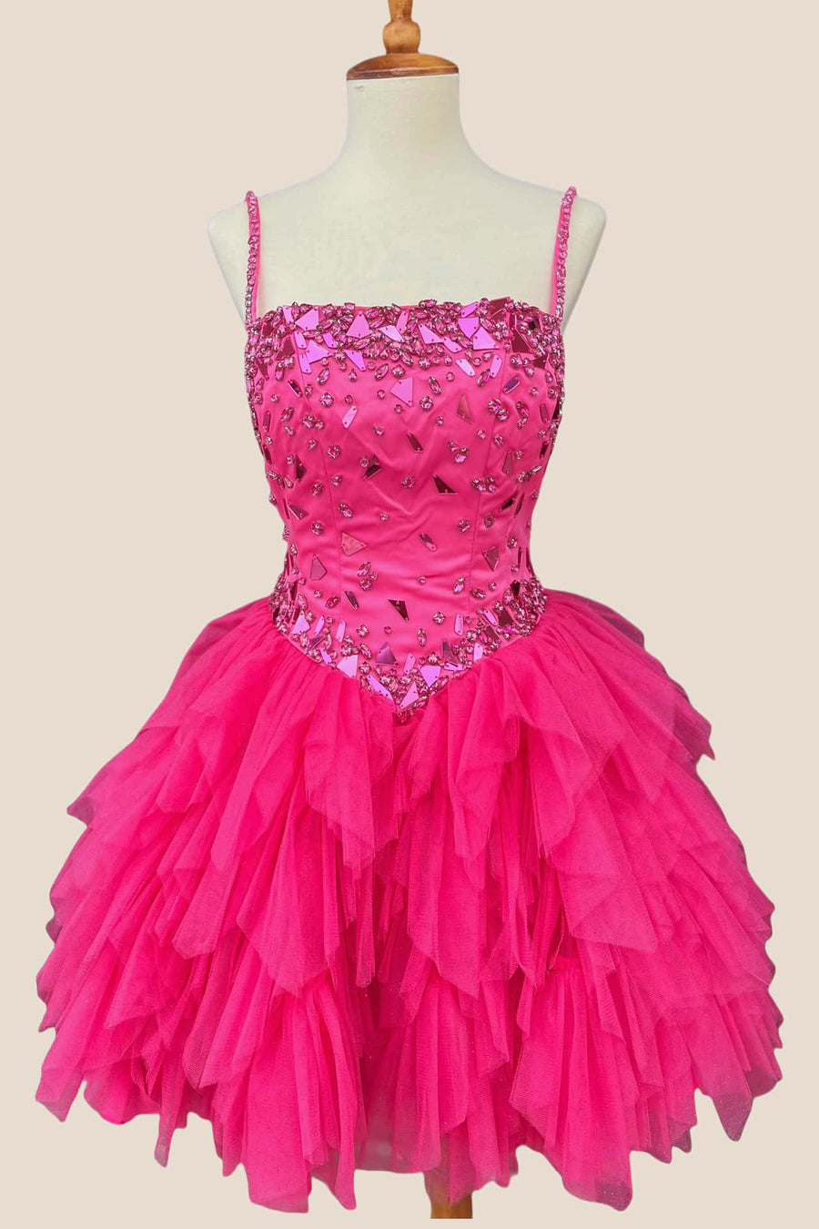 Straps Hot Pink Mirror Glass Ruffled Short Dress