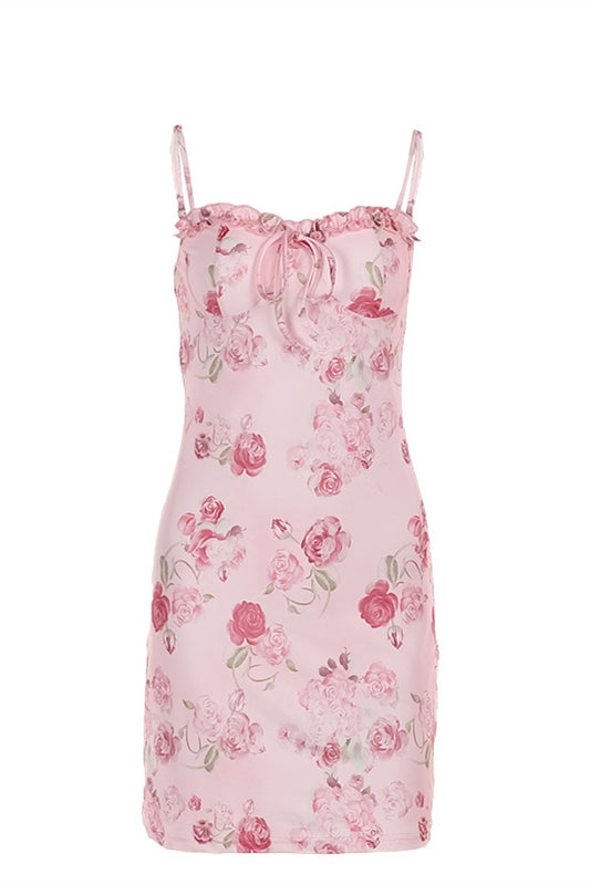 Straps Pink Floral Print Tie Front Short Dress