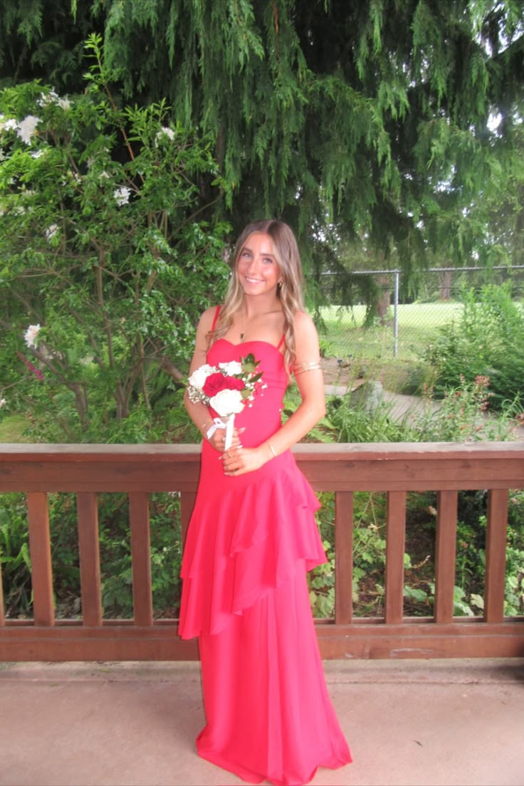 Straps Red Chiffon Tiered Maxi Dress