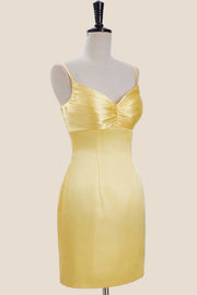 Straps Yellow Ruched Satin Bodycon Short Dress