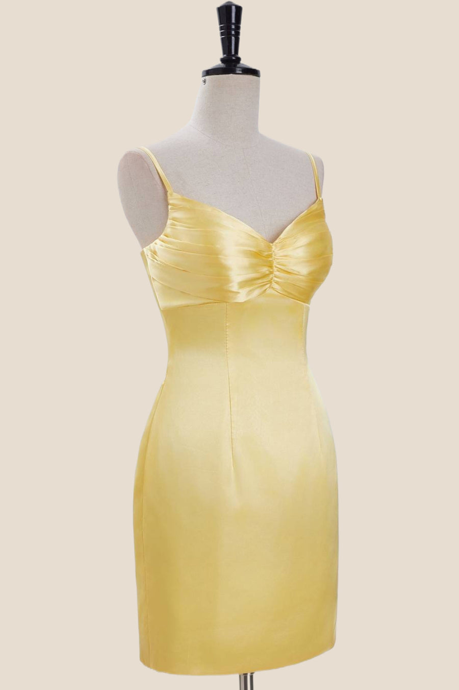 Straps Yellow Ruched Satin Bodycon Short Dress