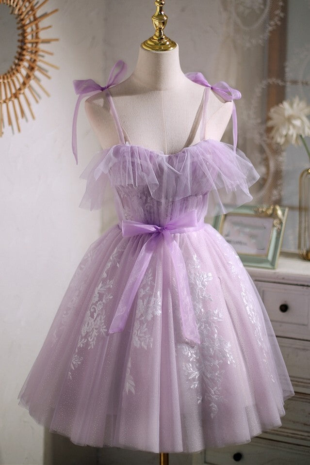 Lilac Tulle and White Lace Short A-line Princess Dress