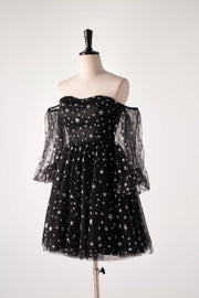 Sweetheart Black Stars Short Dress with Puff Sleeves