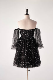 Sweetheart Black Stars Short Dress with Puff Sleeves