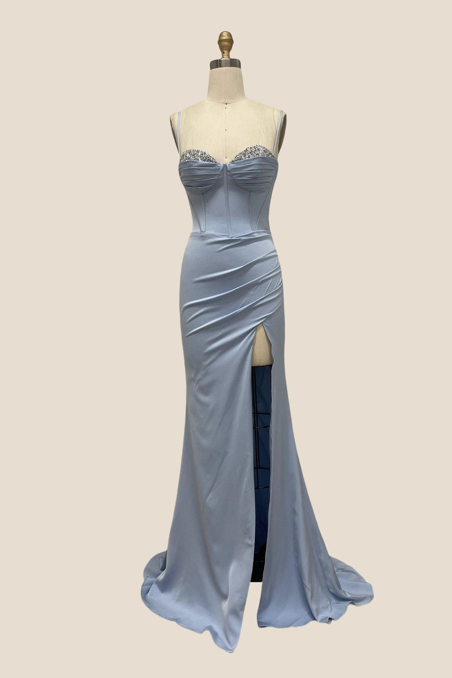 Sweetheart Dusty Blue Beaded Long Dress with Slit