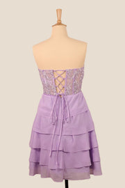 Sweetheart Lavender Appliques Tiered Short Dress