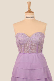 Sweetheart Lavender Appliques Tiered Short Dress