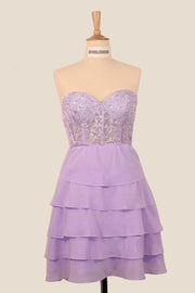 Sweetheart Lavender Appliques Tiered Short Dress