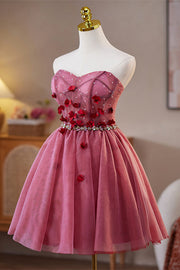 Sweetheart Burgundy 3D Floral Short Dress