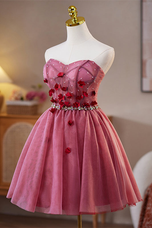 Sweetheart Burgundy 3D Floral Short Dress