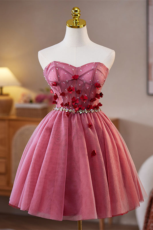 Sweetheart Burgundy 3D Floral Short Dress
