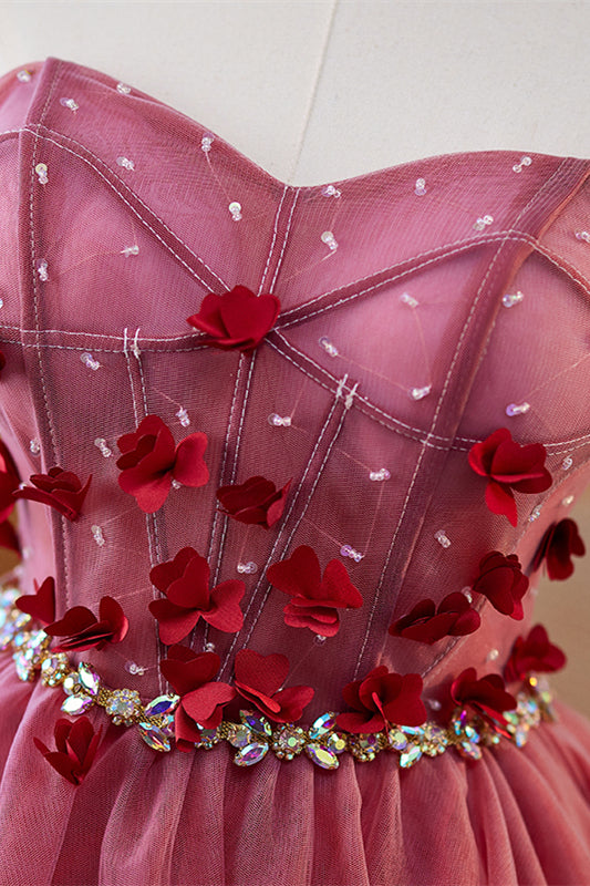 Sweetheart Burgundy 3D Floral Short Dress