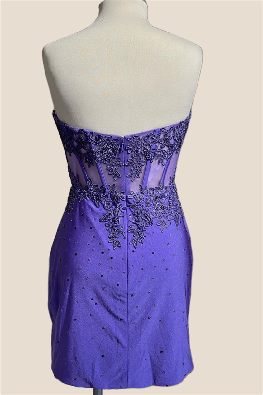 Sweetheart Purple Appliques Ruched Short Dress