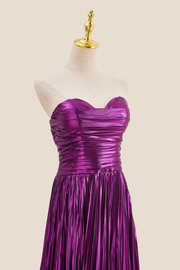 Sweetheart Purple Pleated Metallic Long Dress