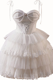 Sweetheart White Tiered Short Dress with Pearls