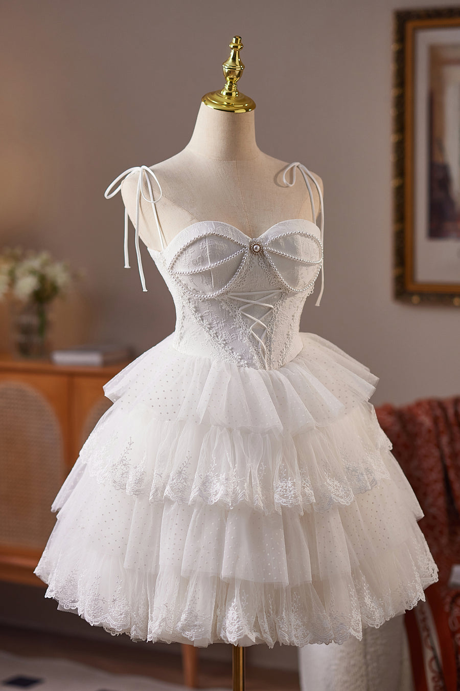 Sweetheart White Tiered Short Dress with Pearls