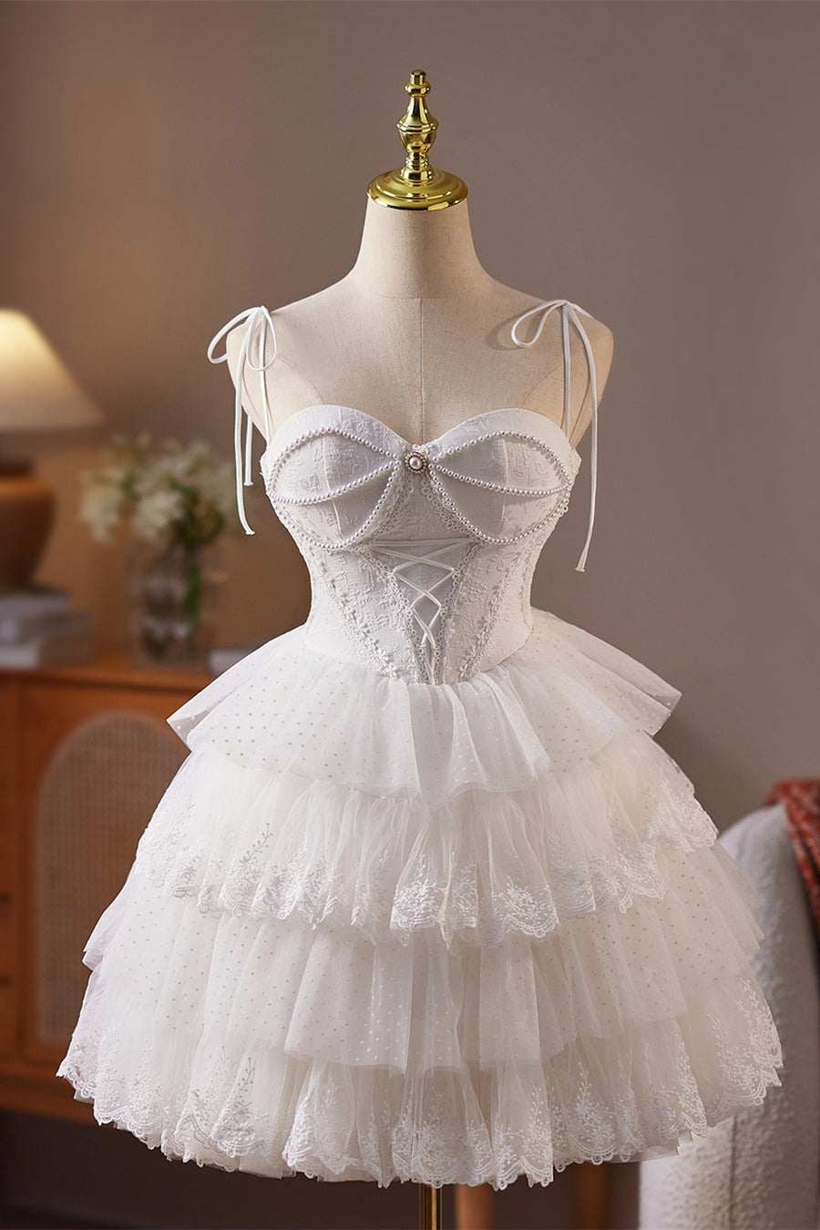 Sweetheart White Tiered Short Dress with Pearls
