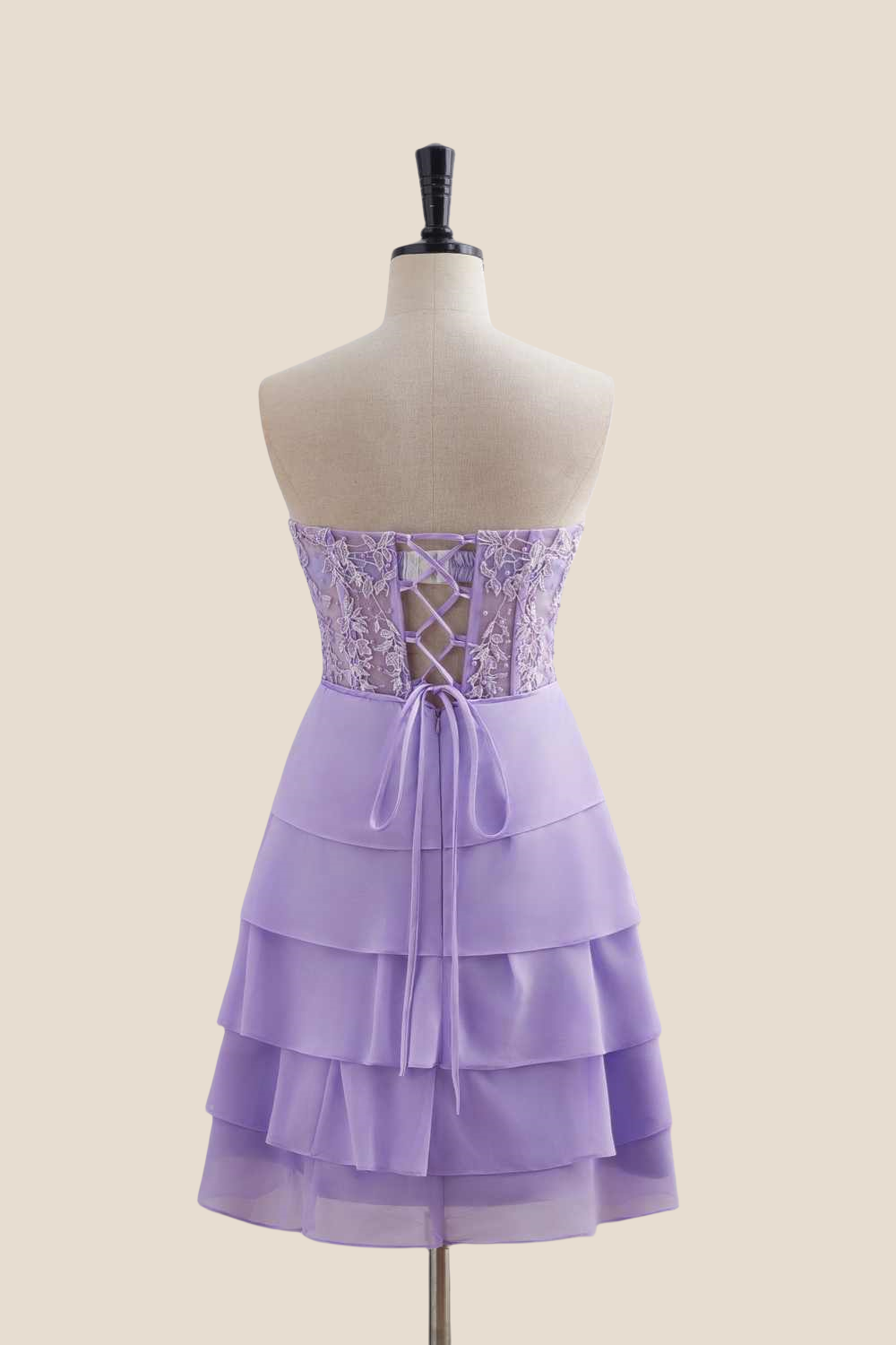 Sweetheart Lavender Appliques Tiered Short Dress