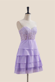 Sweetheart Lavender Appliques Tiered Short Dress